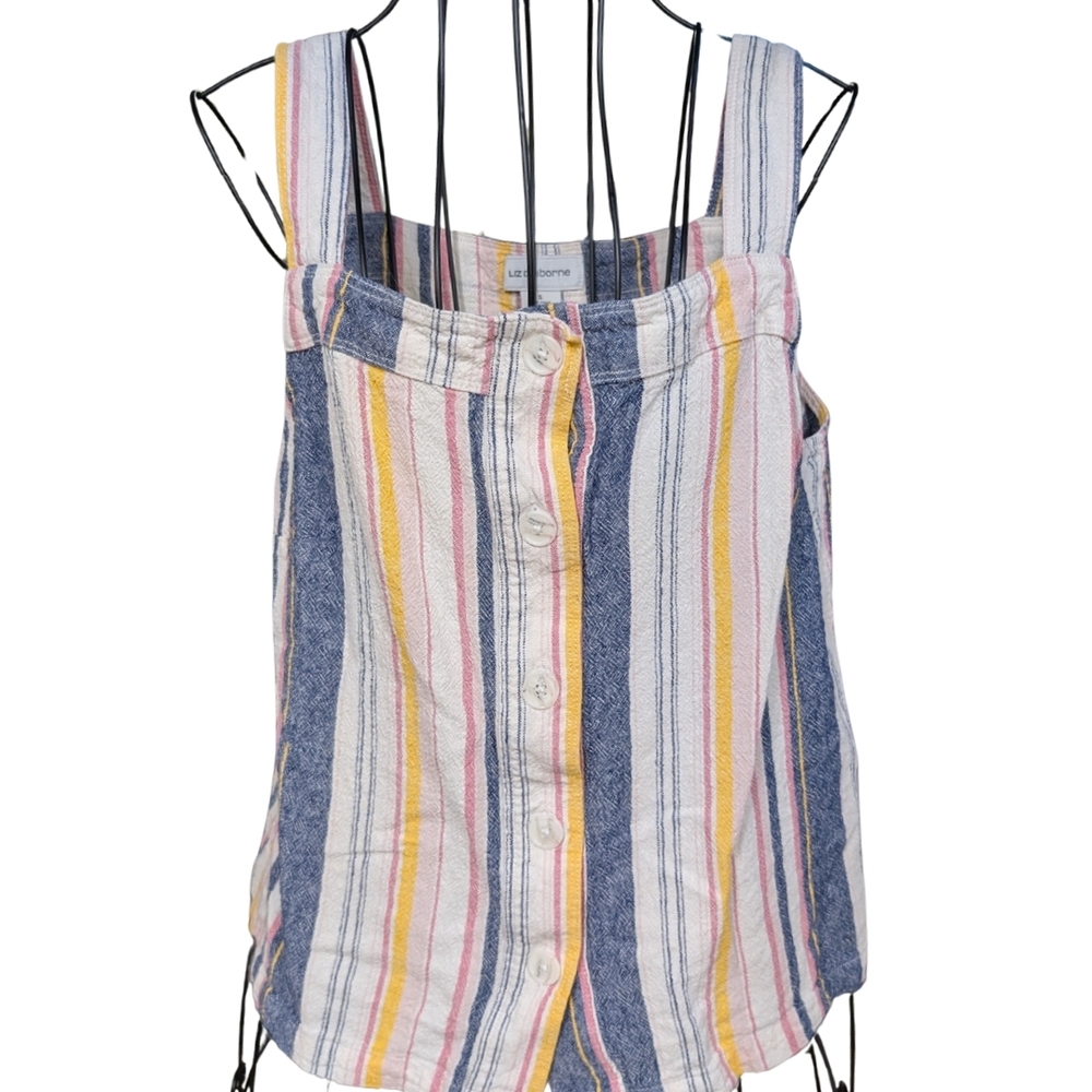Liz Claiborne Striped Button-Front Tank Top in Blue, Pink & Yellow